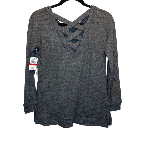 1. State Lattice V-Back Waffle Weave Sweater in Medium Heather Grey XS New - Picture 8 of 8